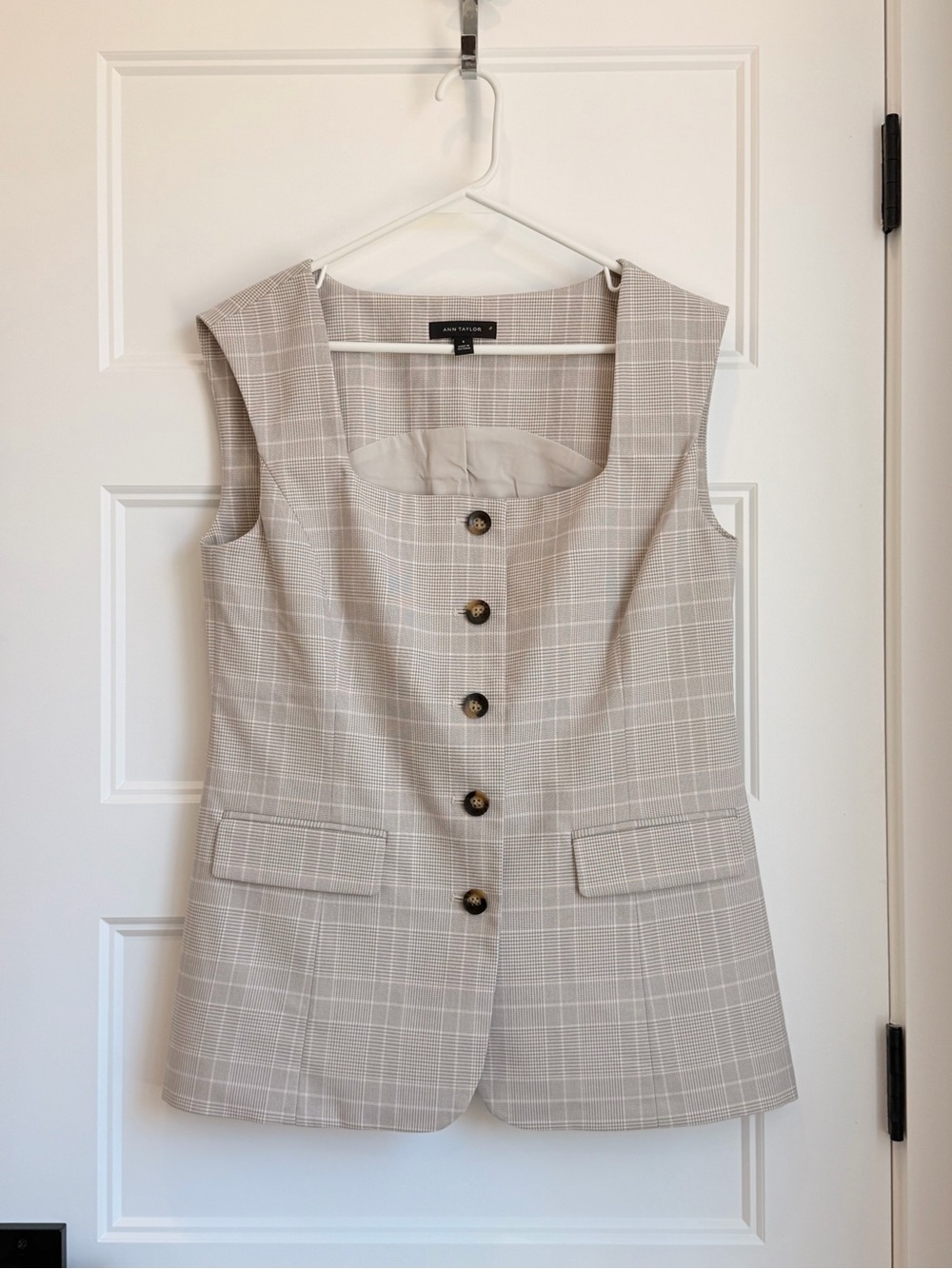 Ann Taylor Beige Plaid Button-Front Sleeveless Vest
